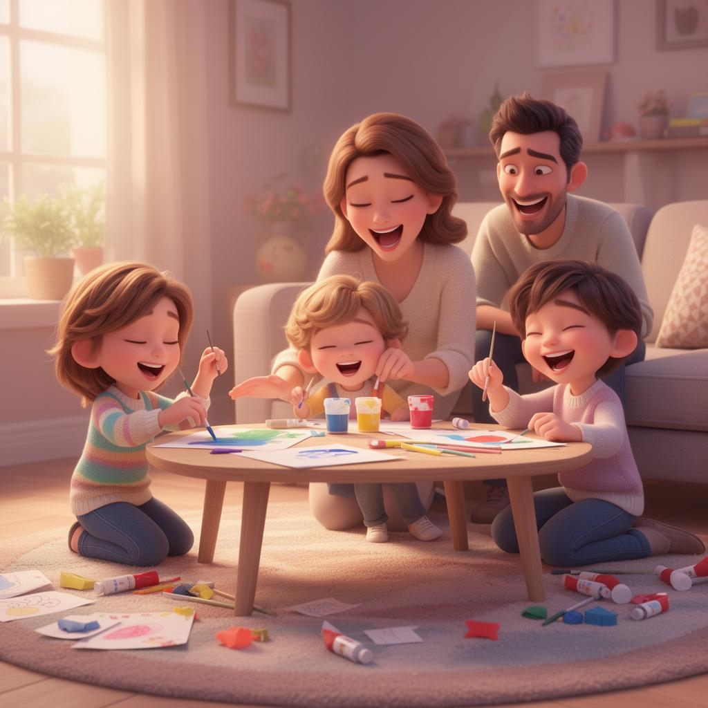 Família brincando junta em casa com pintura e crafts