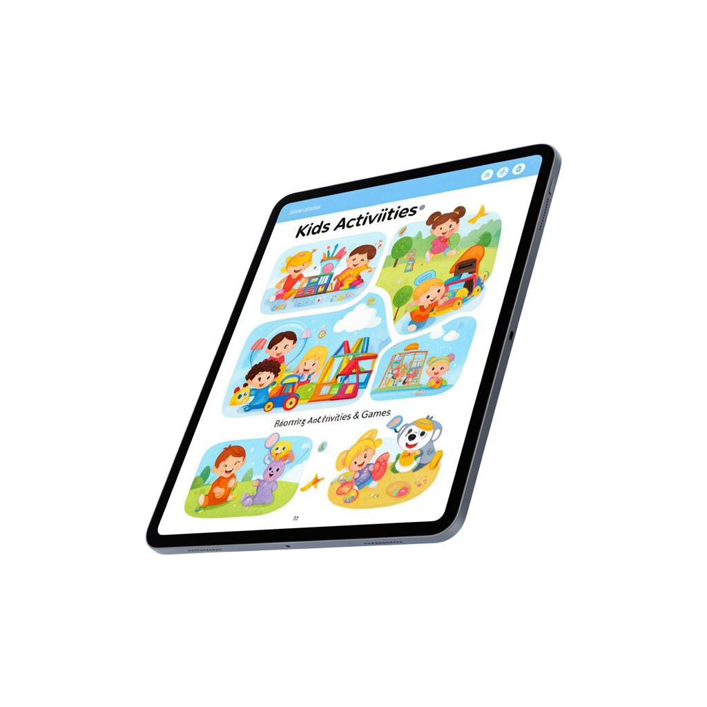 Ebook Férias Divertidas em tablet com atividades infantis ilustradas